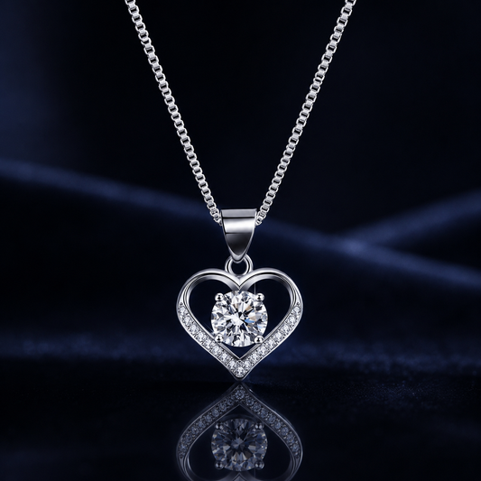 Close-up of Murmur open-frame heart moissanite pendant and box chain