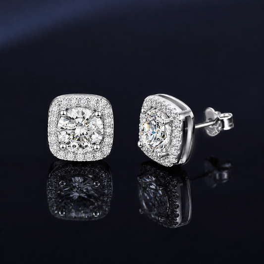 Orbit cushion-halo moissanite studs shown from front and side with butterfly back