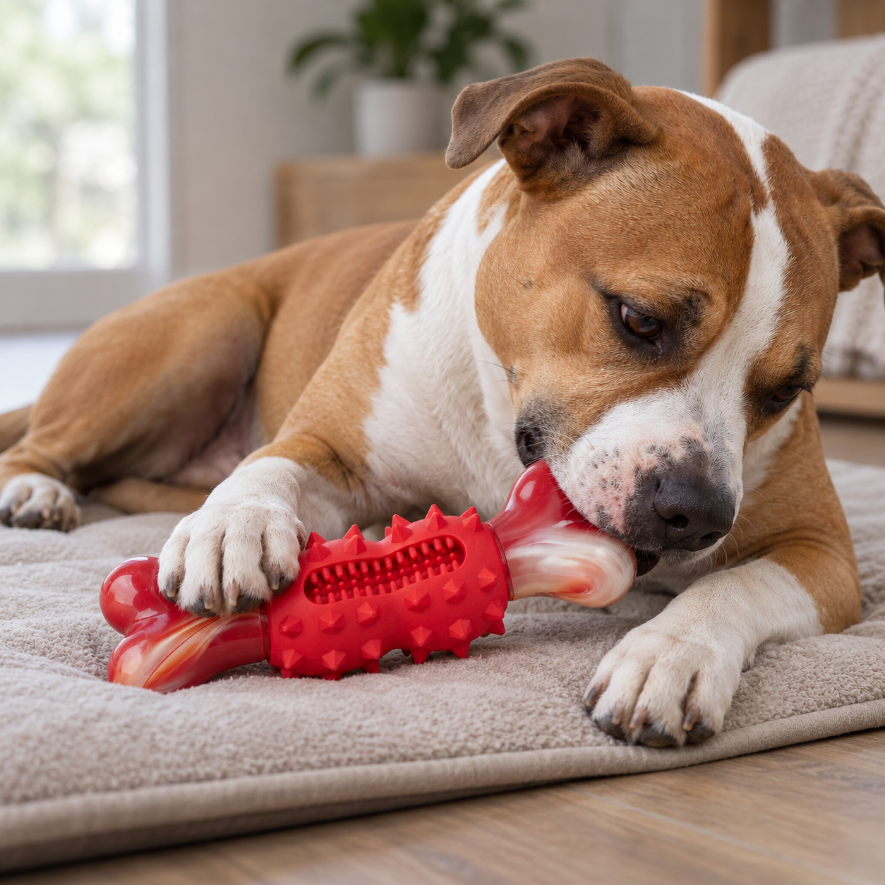 Tan-and-white dog resting on one hip and chewing the red-and-white Textured Bone