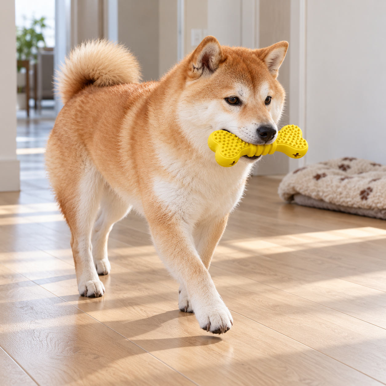 Shiba Inu walking with the Small yellow Treat Bone