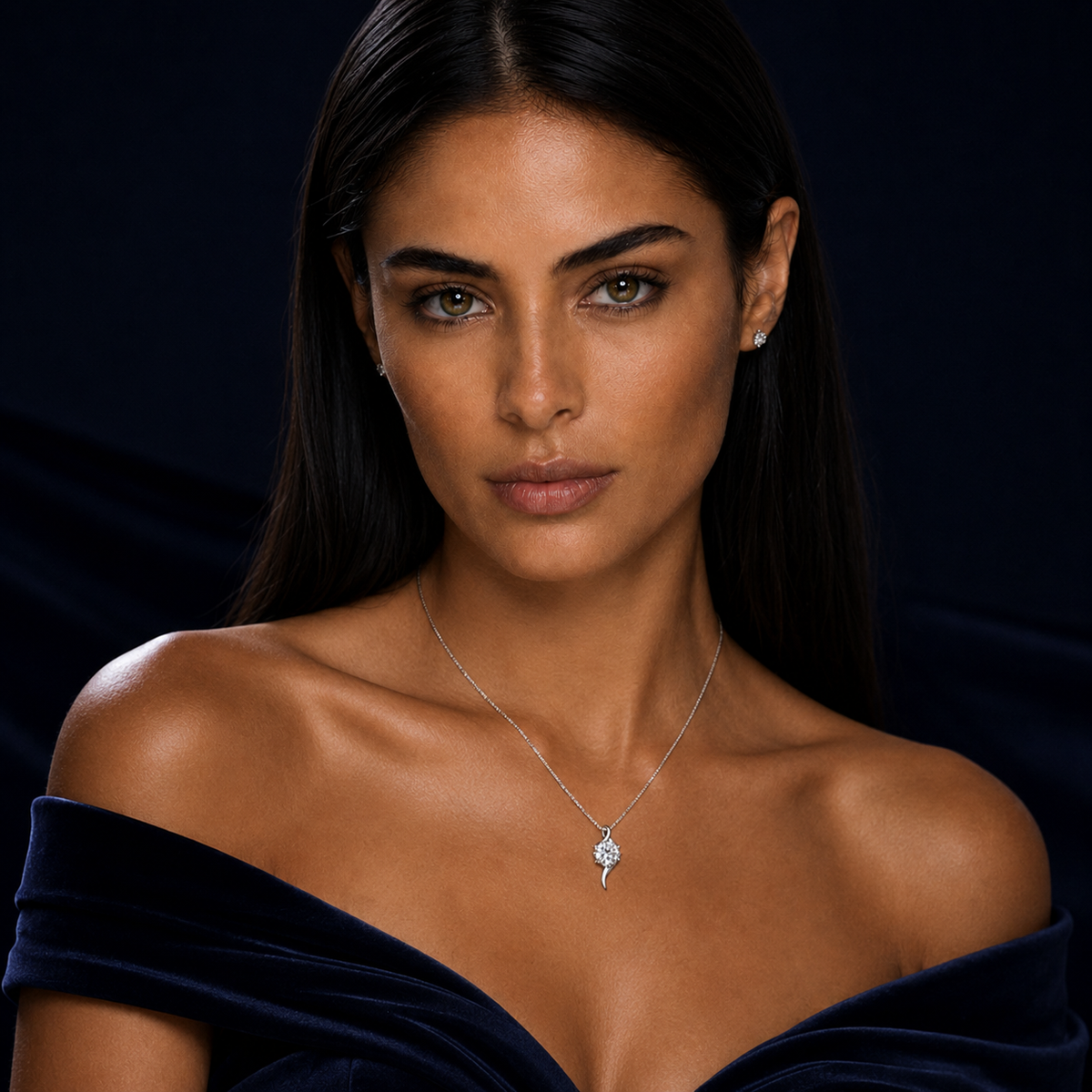 Model wearing Drift S-curve fluid frame moissanite pendant necklace
